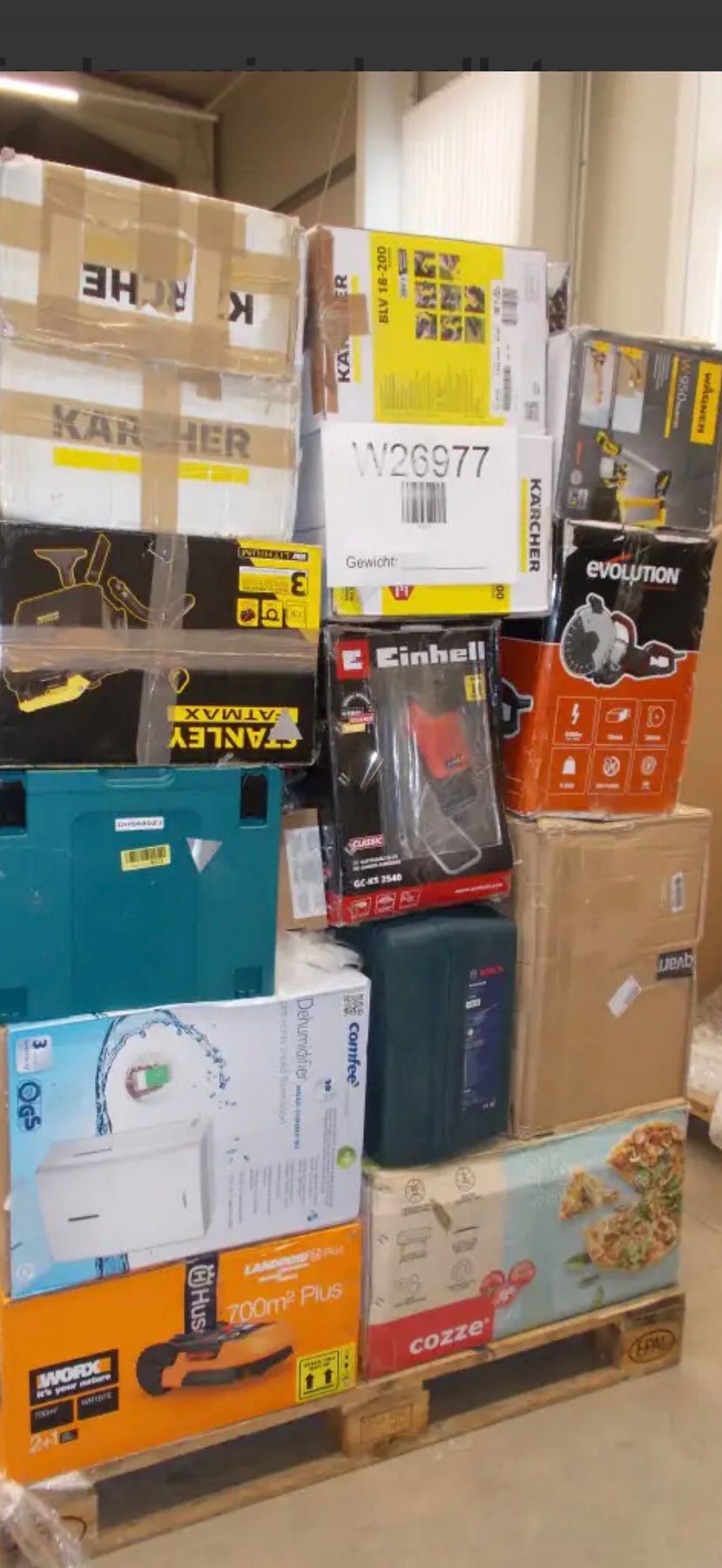 Pallet completo di merce mista, ideale per rivenditori e grossisti.