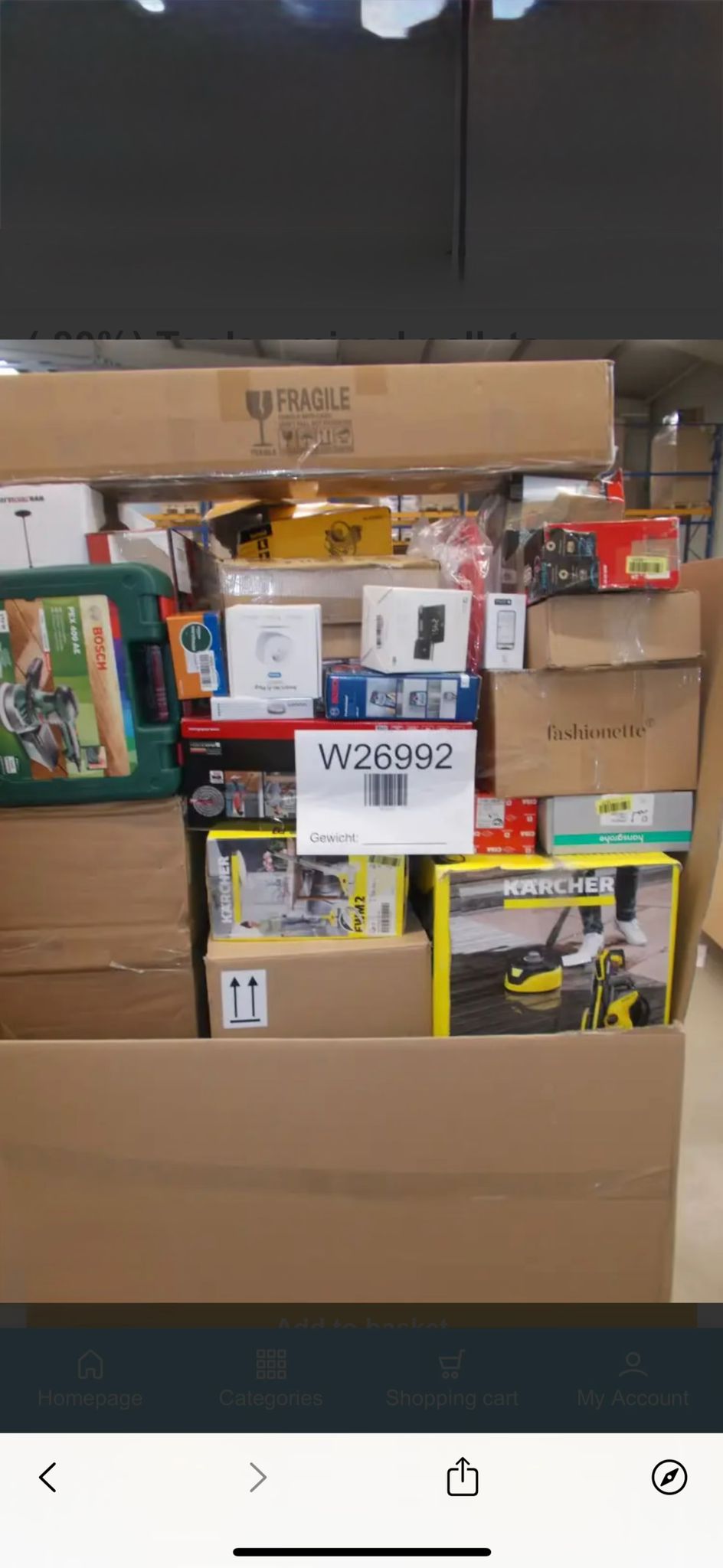 Pallet completo di merce mista, ideale per rivenditori e grossisti.